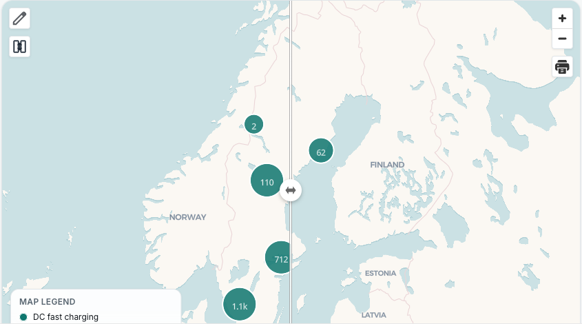 PlaceVolt market map with charging points and white spots